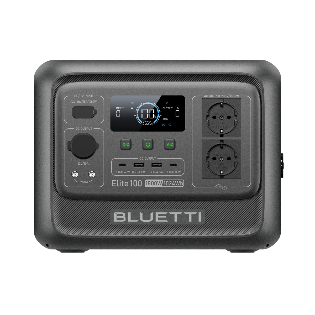 BLUETTI Elite 100 V2, przedni panel z gniazdami EU i ekranem stacji zasilania