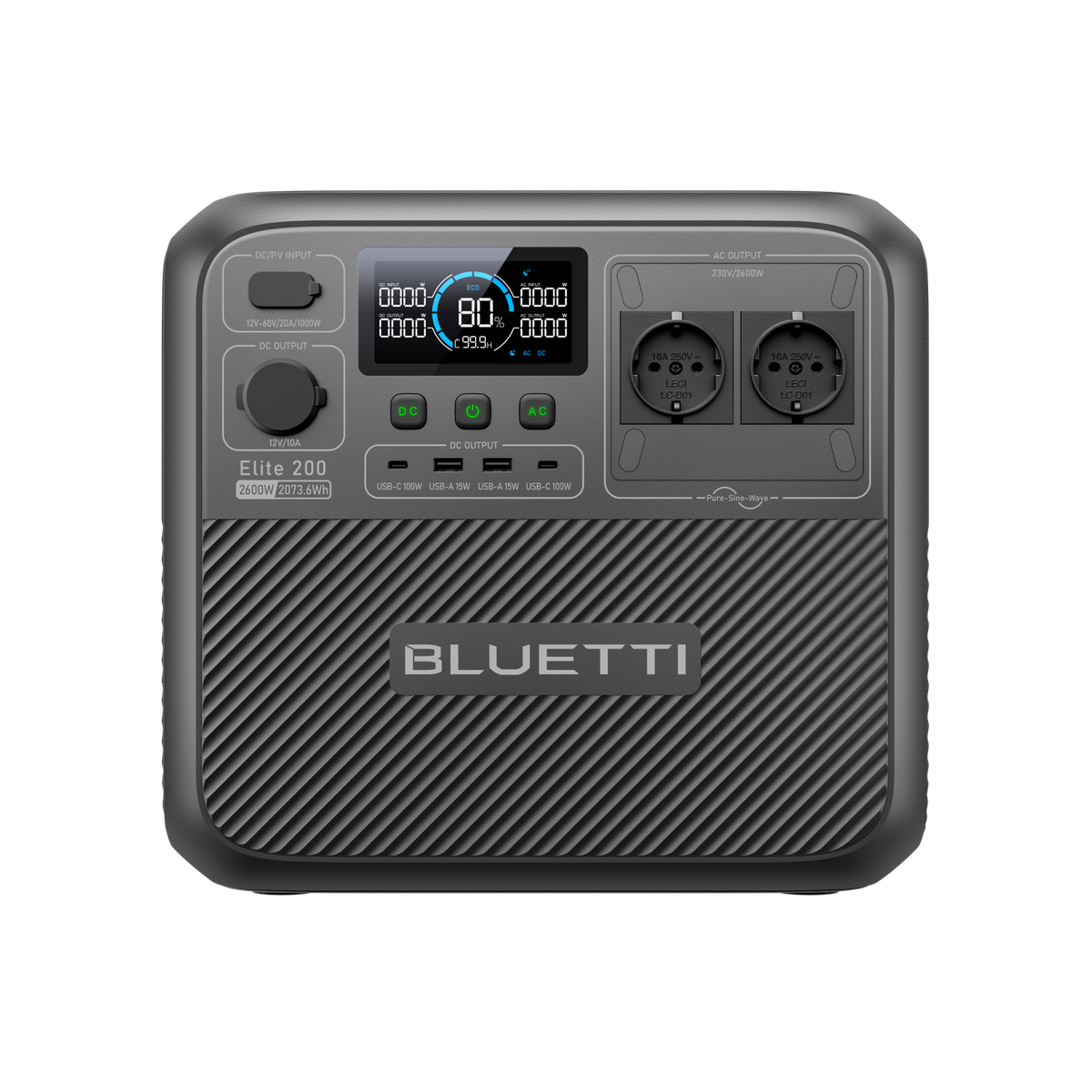BLUETTI Elite 200 V2, przedni panel dużej stacji zasilania z dwoma gniazdami EU