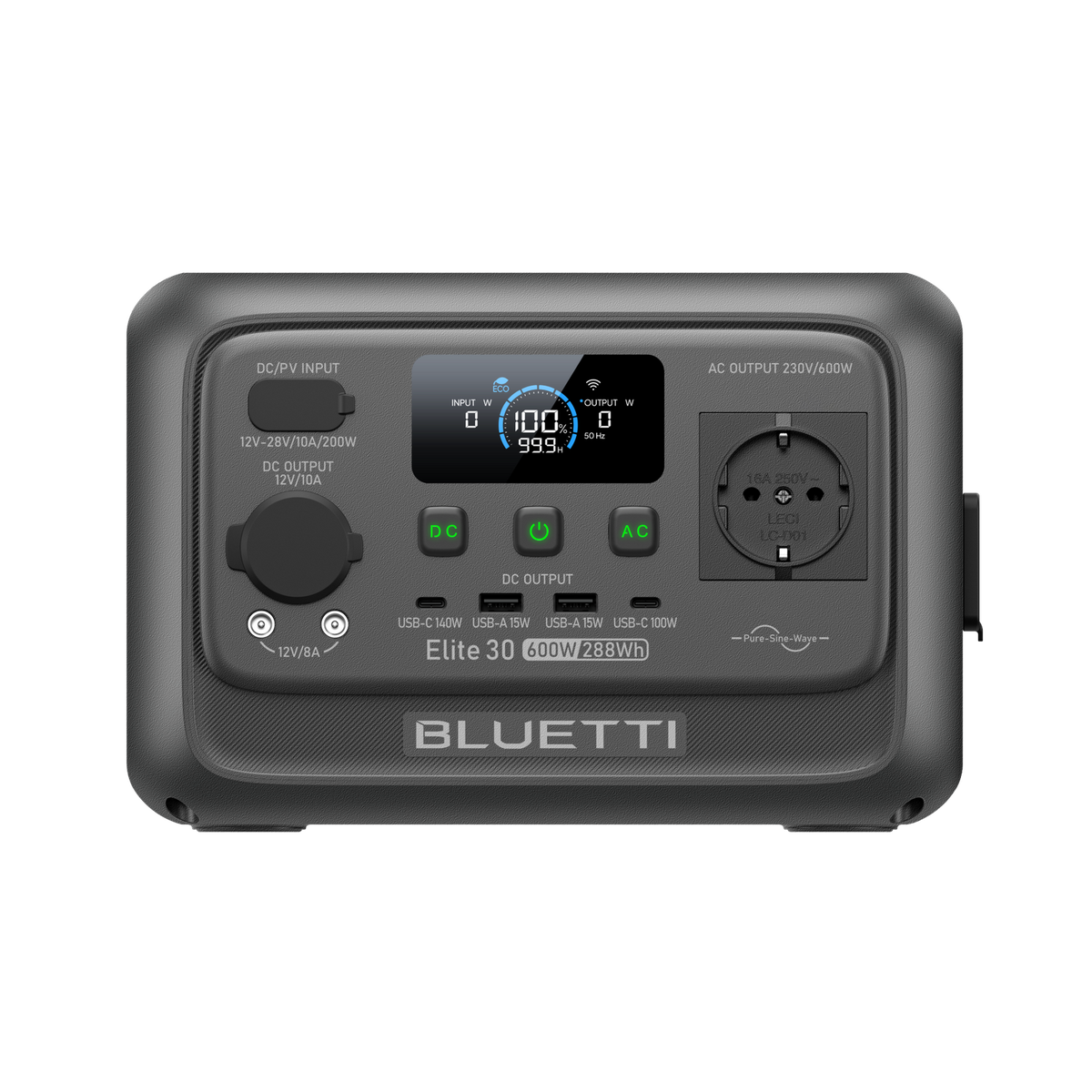 BLUETTI Elite 30 V2, przedni panel z gniazdem EU, portami USB i ekranem