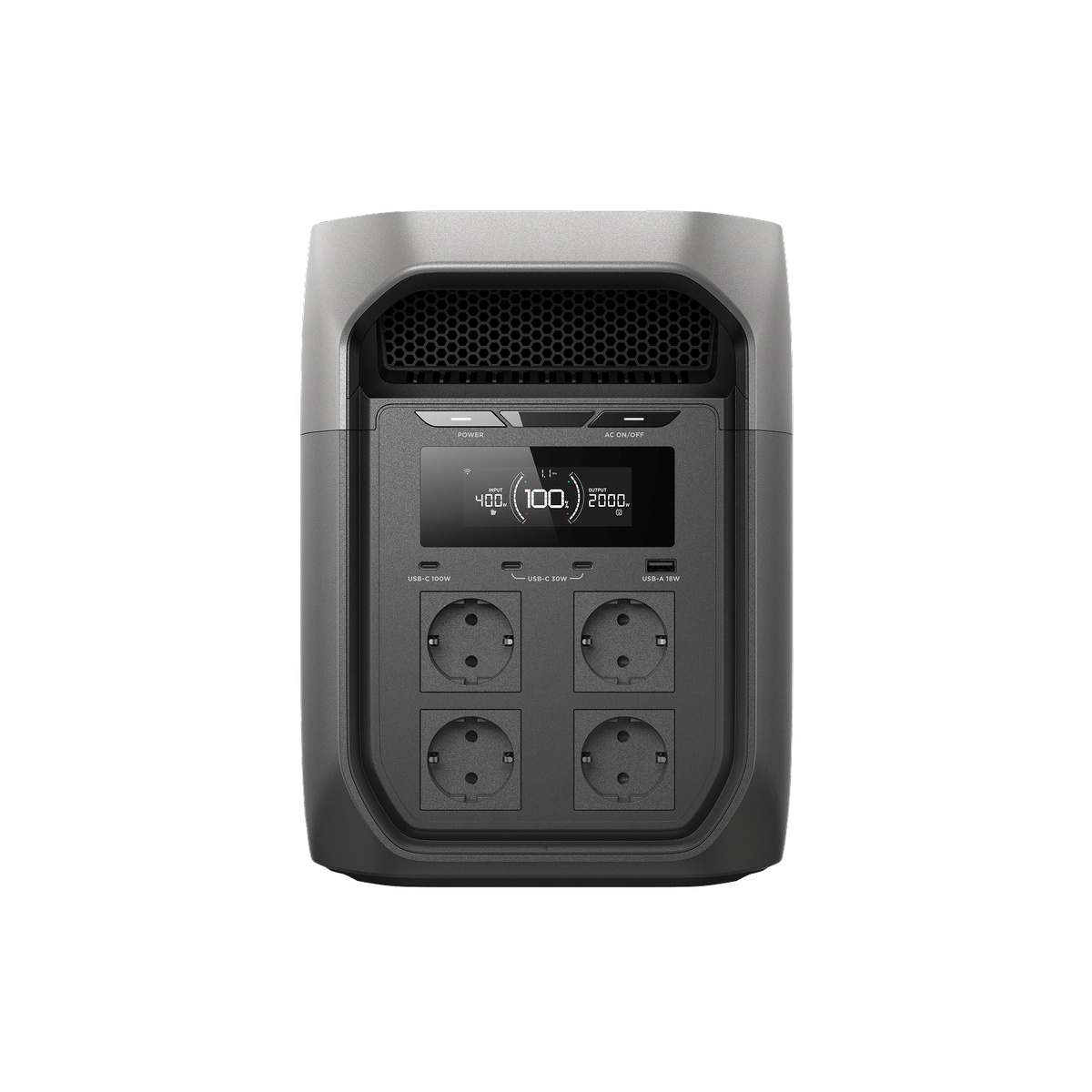 EcoFlow DELTA 3 Max Plus, widok przedni stacji zasilania z gniazdami EU