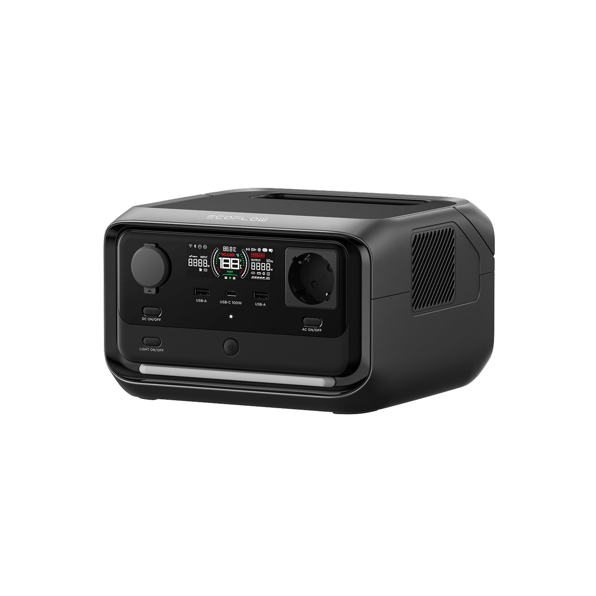 EcoFlow RIVER 3 Plus, widok kompaktowej stacji zasilania z portami z przodu
