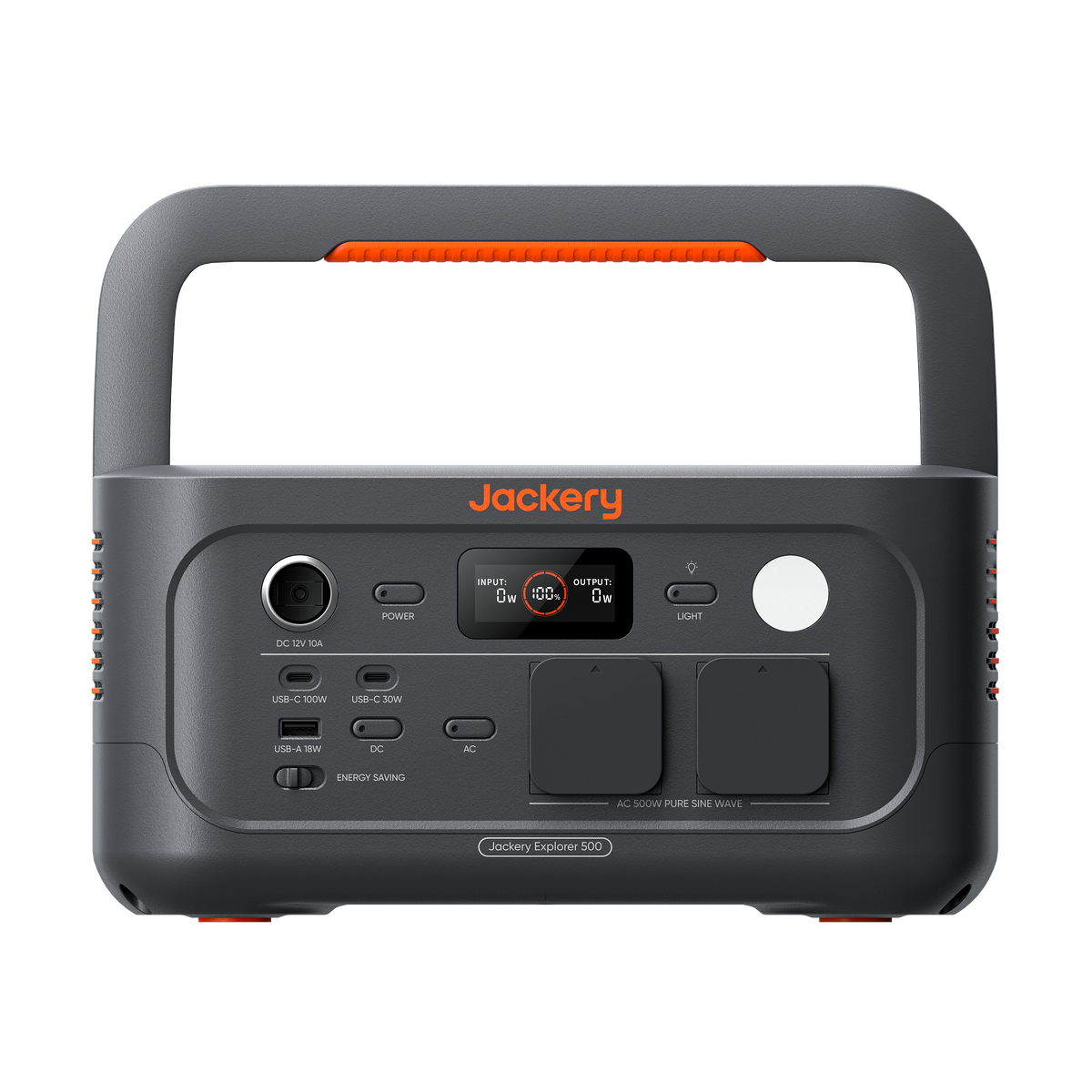 Jackery Explorer 500 v2, widok przedni stacji zasilania z uchwytem