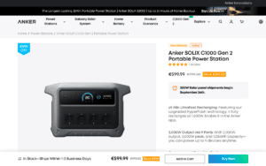 Zrzut ekranu oficjalnej strony Anker z ofertą modelu SOLIX C1000 Gen 2